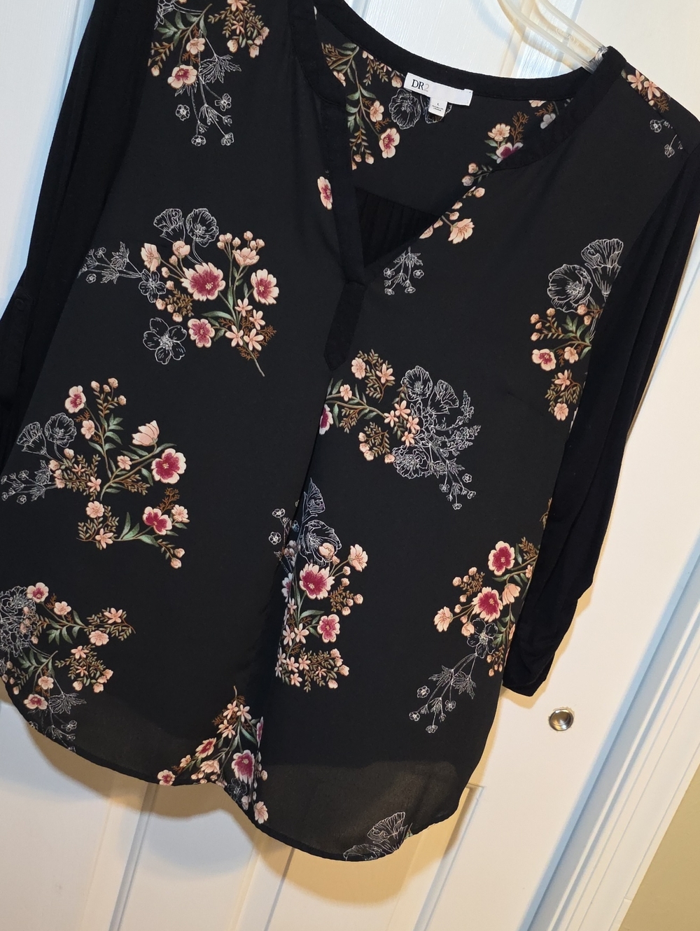 DR2 Black Floral Split-Neck Blouse with Pink & Cream Accents